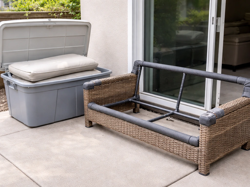 Cushions stored in a covered dry bin while the outdoor furniture frame is insulated and protected.