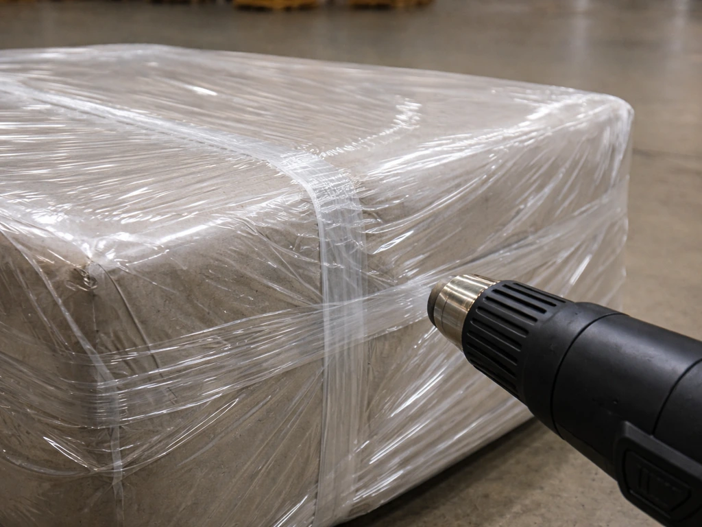 Heat gun tightens clear shrink wrap on a wrapped furniture bundle; wrinkles smooth out near taped seams.