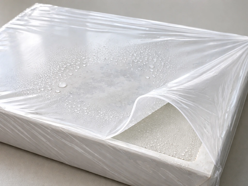 Close-up of clear shrink wrap with trapped condensation droplets over a surface, implying moisture under film