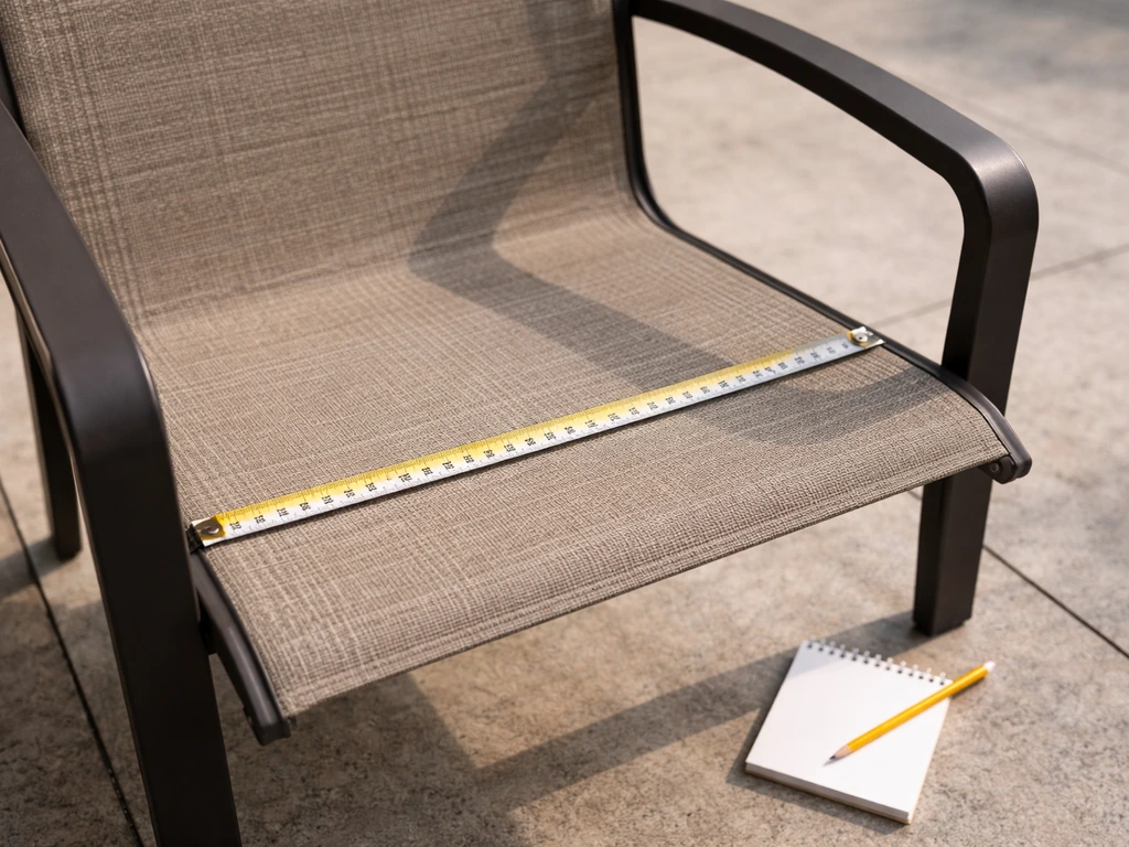 Flexible tape measure on an empty patio chair seat with pencil and notepad nearby, ready to measure