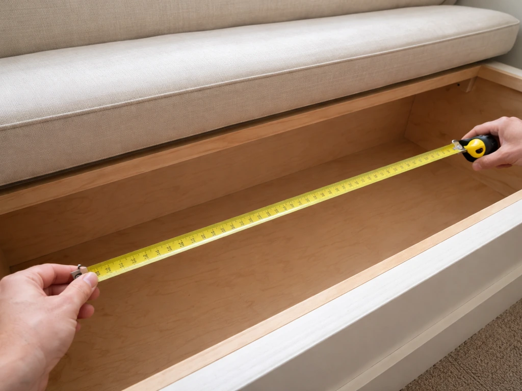 Hands stretching a tape measure across the inside rails of a bench seating opening.