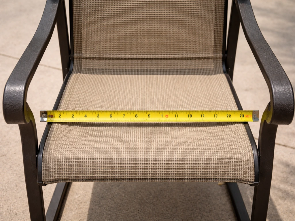 Tape measure stretched inside a patio chair’s armrest edges to measure seat cushion width.