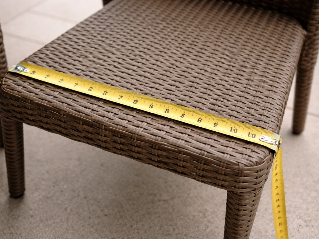 Close-up of rounded-corner wicker chair seat with a tape measure showing rectangle and corner radius.