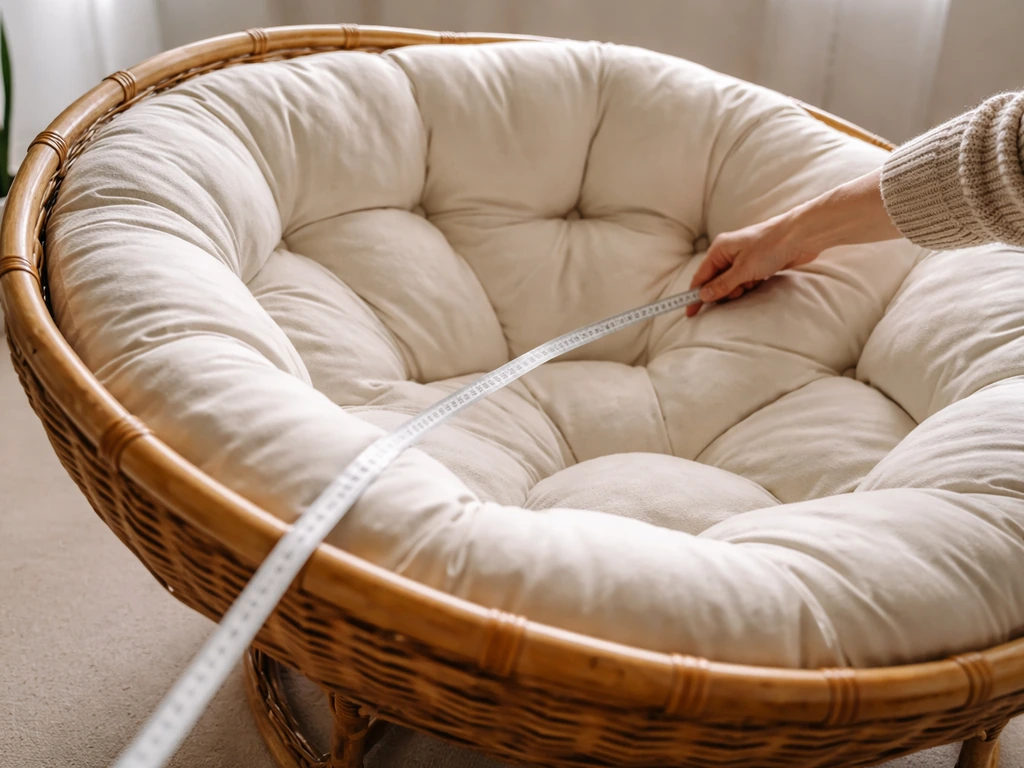 Hand holding a tape measure laid along the curve inside a papasan chair bowl