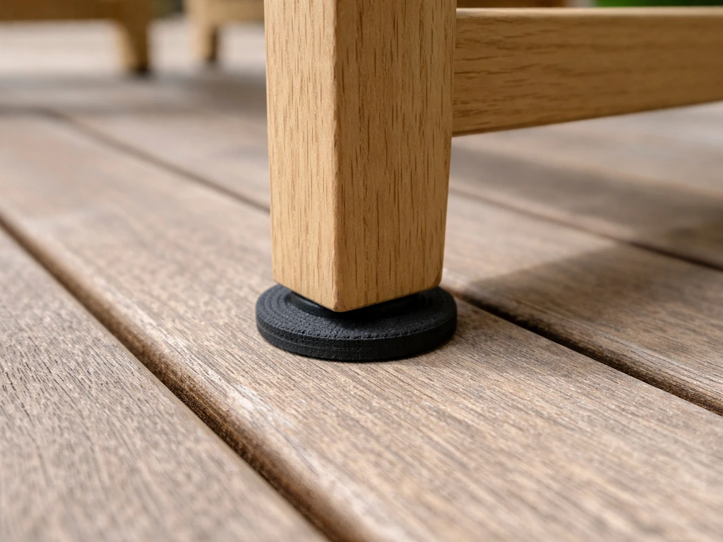 Close-up of rubber anti-slip pads under a patio chair leg on a deck board