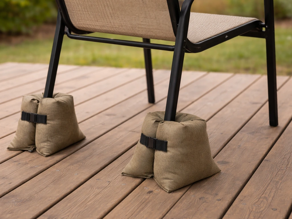 Lightweight patio chair secured with sand-filled weight bags on the legs for stability.