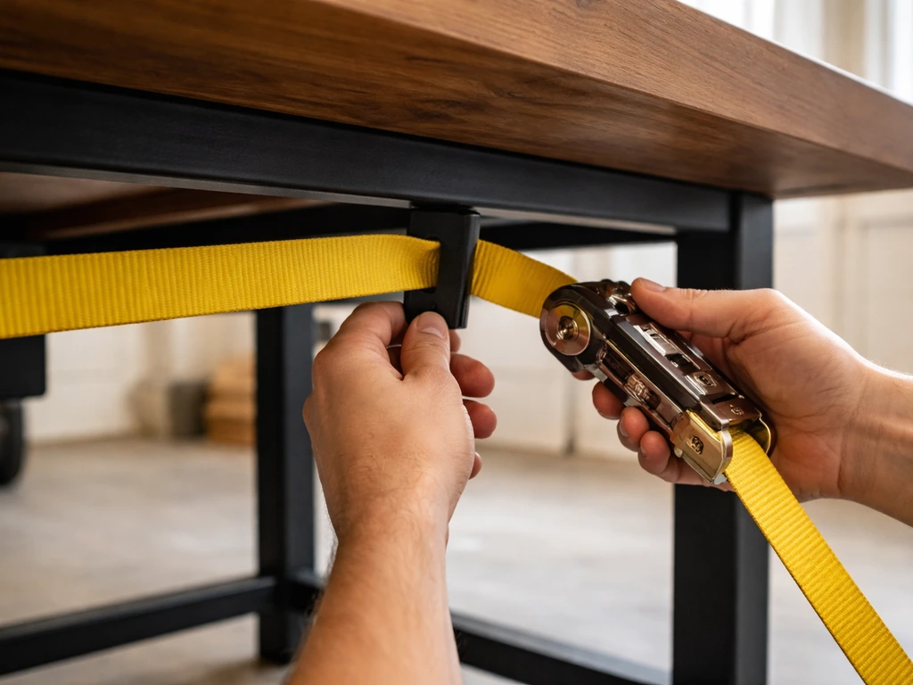 Hands tightening ratchet straps around a table’s structural metal frame, not across the tabletop.