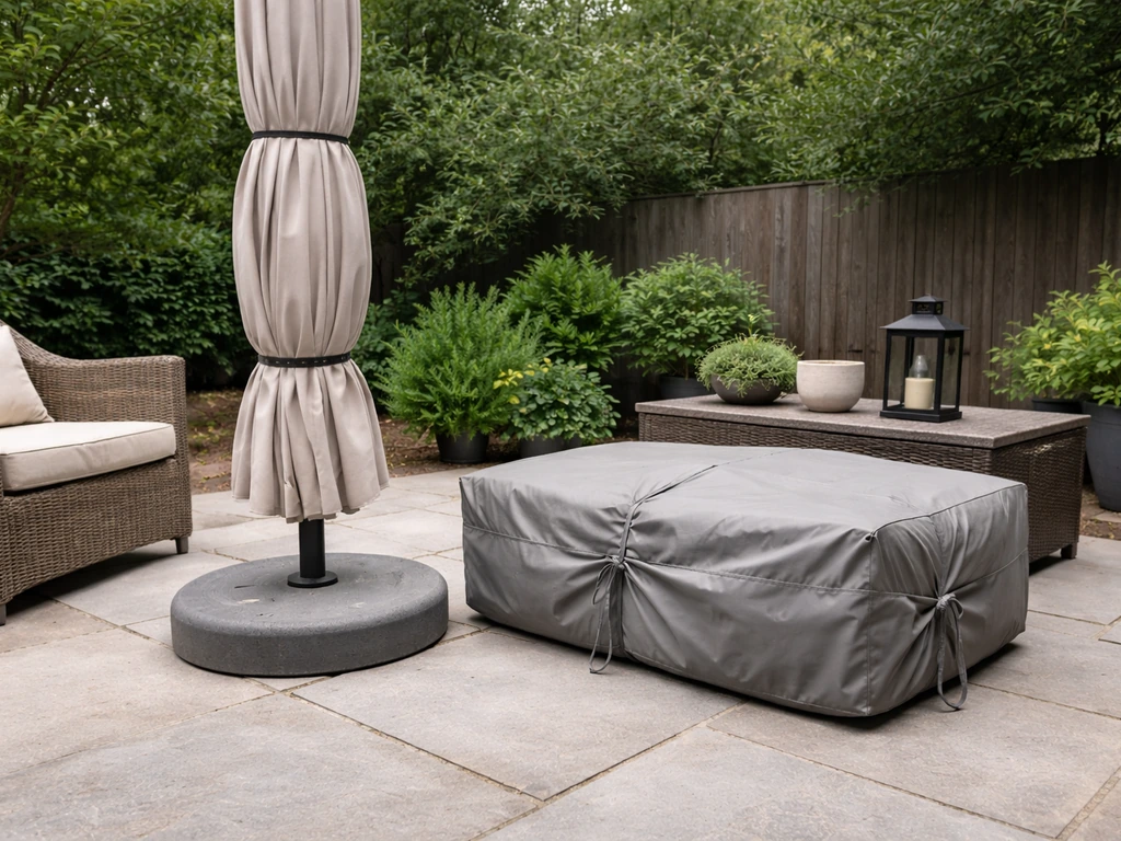 Patio prepared for wind: strapped closed umbrella and cushions covered on a quiet outdoor deck.
