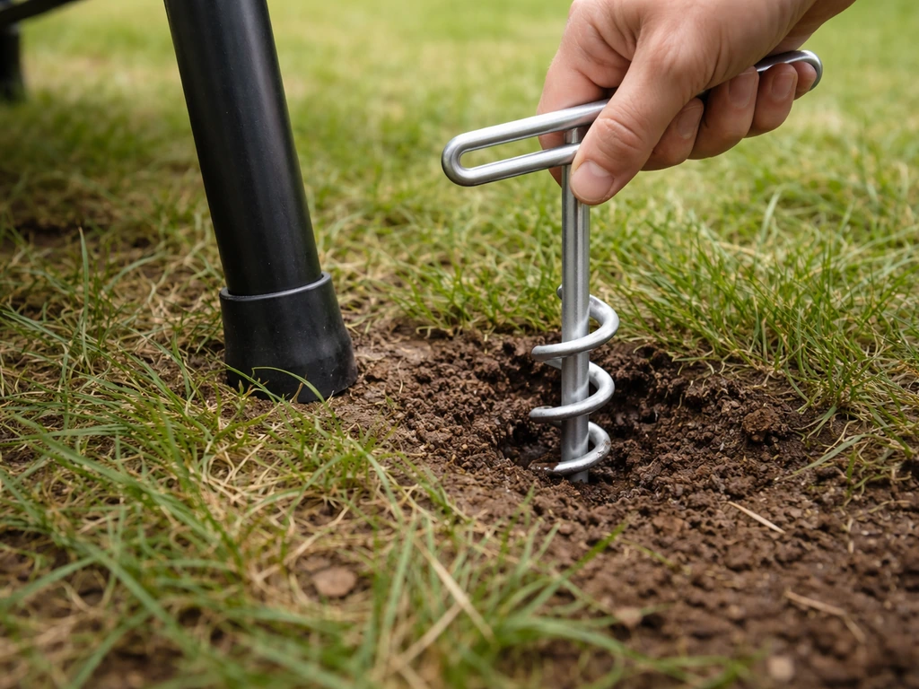 Auger ground stake being twisted into grass and dirt beside an outdoor chair leg to prevent shifting