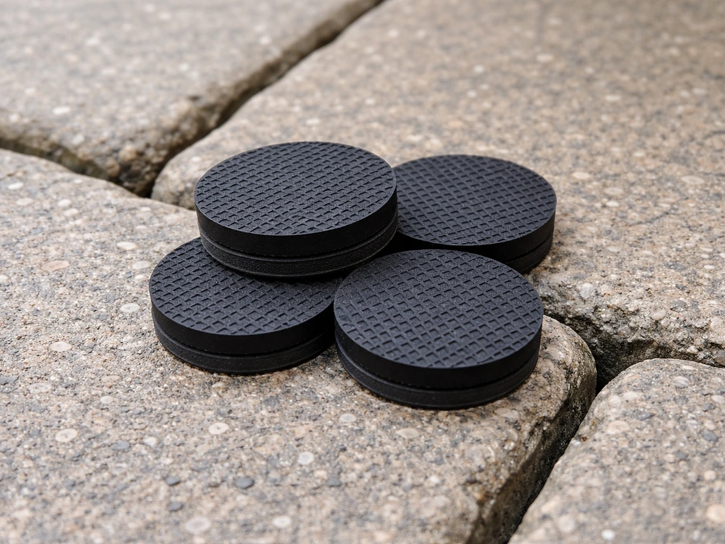Black anti-slip furniture pads resting on outdoor pavers, showing anchoring to prevent sliding.