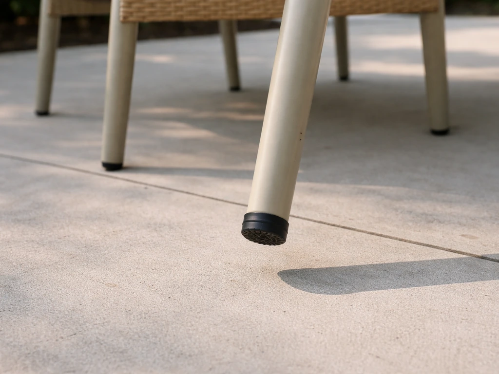 Outdoor chair leg on clean concrete with a rubber anti-slip pad under the foot.