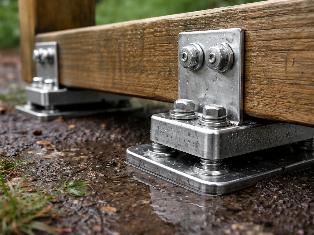 Close-up of stainless steel outdoor anchor hardware with protective straps on a wooden frame