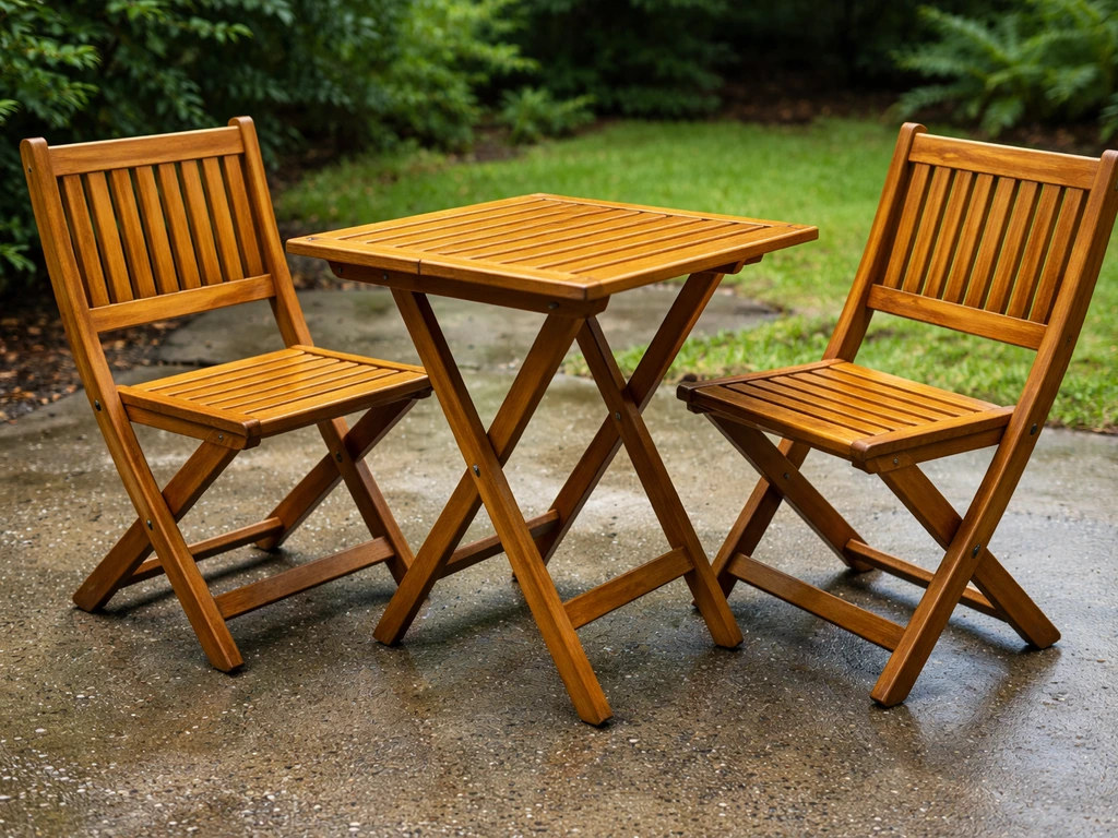 Freshly sealed golden-brown teak patio table and chairs outdoors with an even sheen.