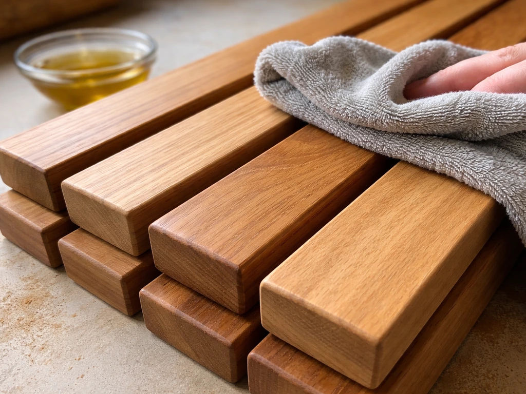 Close-up of brand-new teak slats being lightly cleaned with a microfiber cloth before sealing.