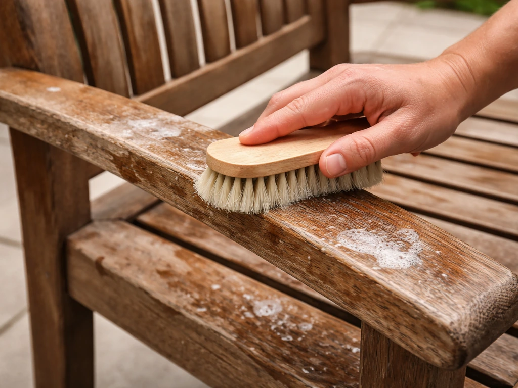 Close-up of a hand scrubbing a teak patio chair arm with a soft brush along the wood grain