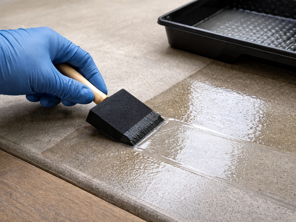 Gloved hand uses a foam brush to apply sealer in two wet coats on a clean surface.