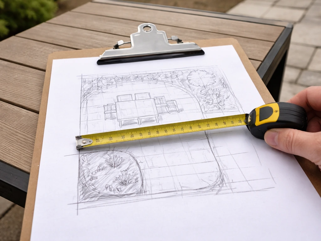 Hand holding a tape measure above a patio sketch with handwritten measurements on a clipboard