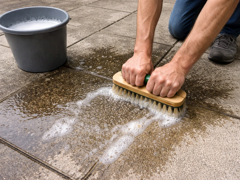 Hands scrubbing a dirty concrete patio with a stiff brush and dish-soap water, grime lifting.