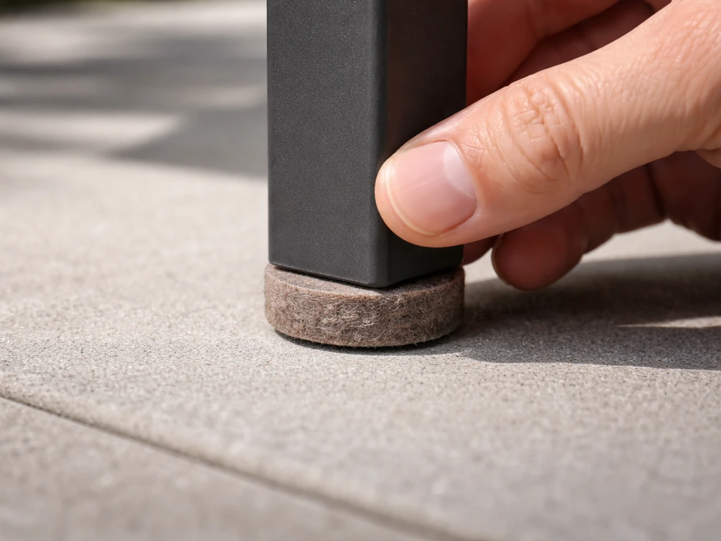 Close-up of felt pad being pressed onto a patio chair leg to prevent scratching and sliding.