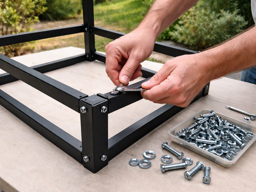Hands hand-tightening bolts on an outdoor chair/table frame with hardware laid out nearby.