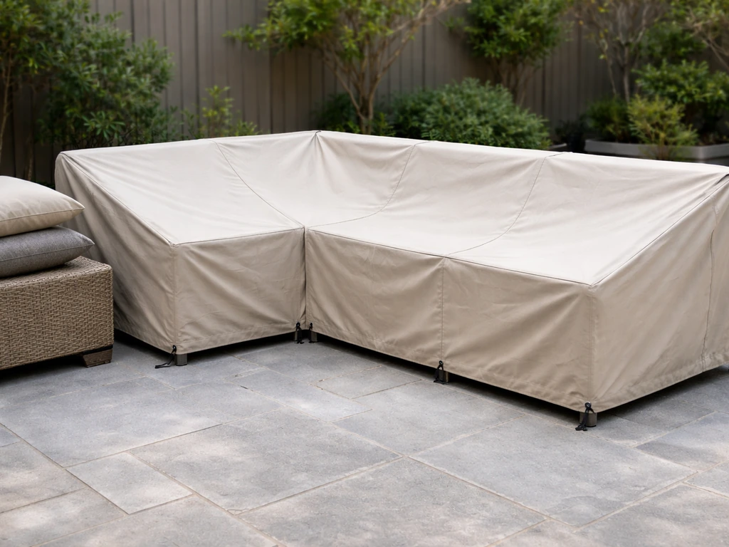 Patio seating with a fitted outdoor furniture cover and cushions stored nearby, secured with tie-downs.
