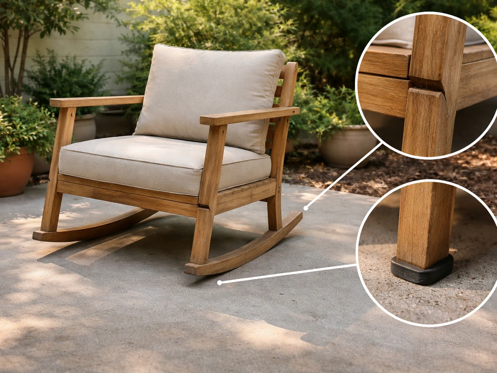 Outdoor patio chair with uneven legs, loose joint gap, and shifted foot pads on a concrete slab.