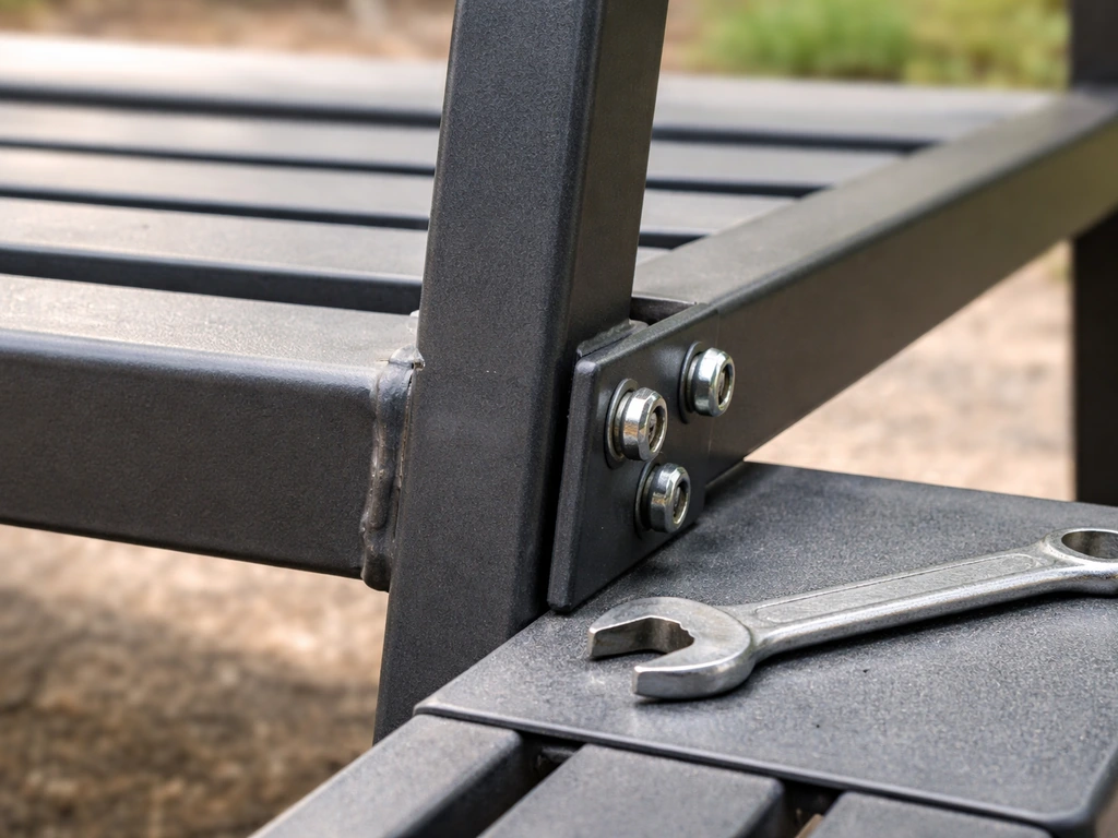 Close-up of a metal patio bench joint showing welded seam and bolts with a nearby wrench.