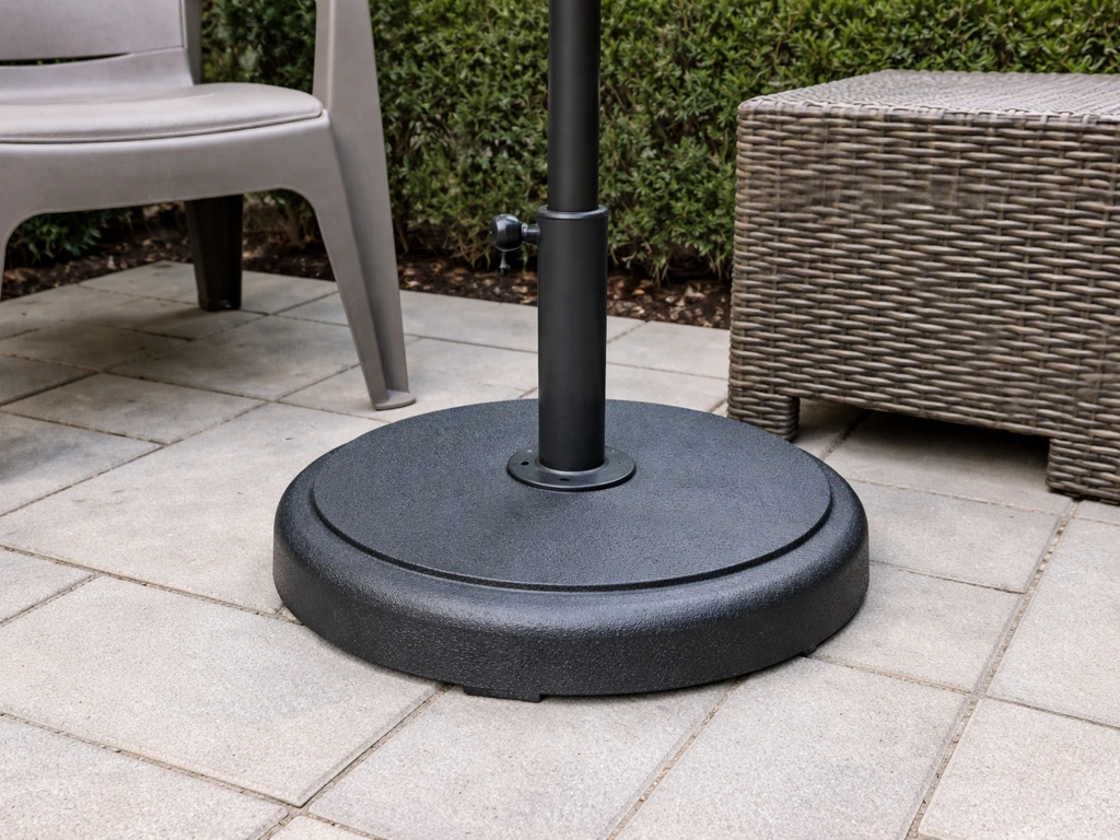Outdoor umbrella base with heavy footing firmly contacting the patio ground near wicker-style furniture.