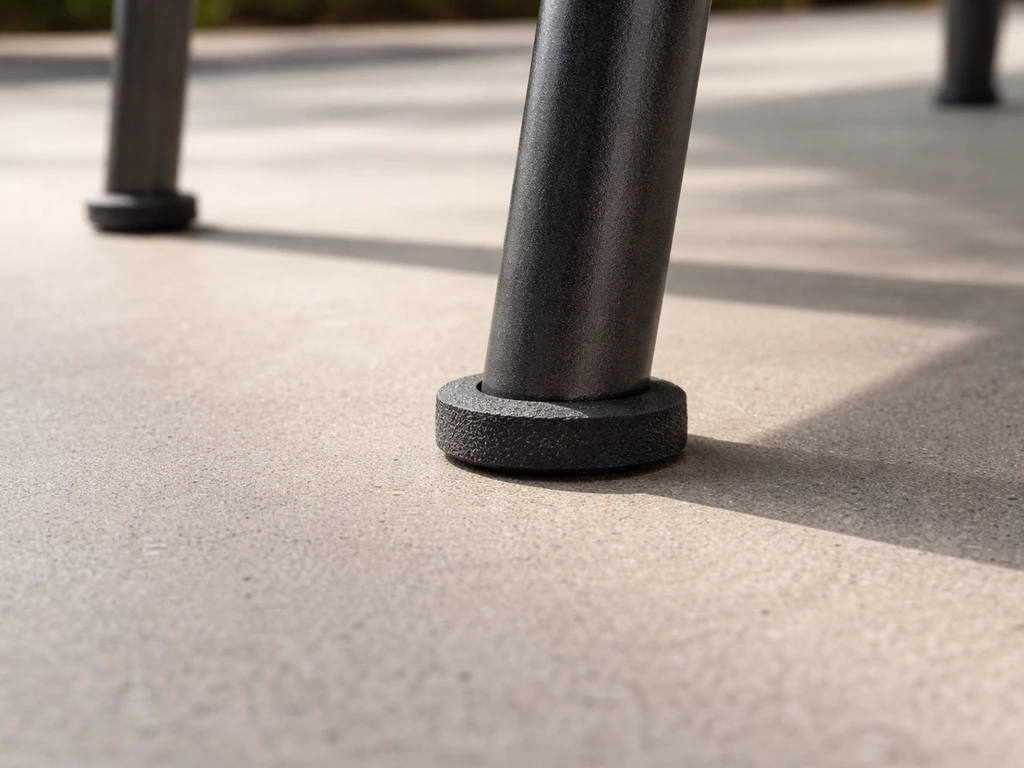 Patio chair foot with rubber non-slip pad on smooth concrete, one foot lifted to show grip