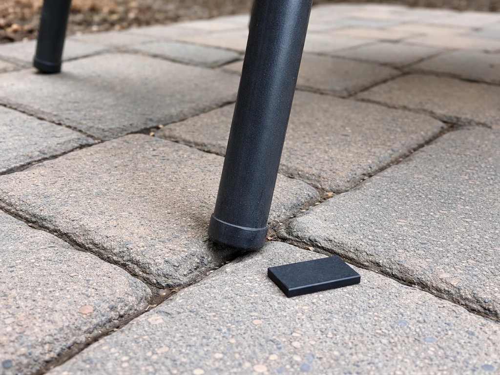 Outdoor patio furniture leg rocking on uneven pavers, with a small leveling shim beside the base.