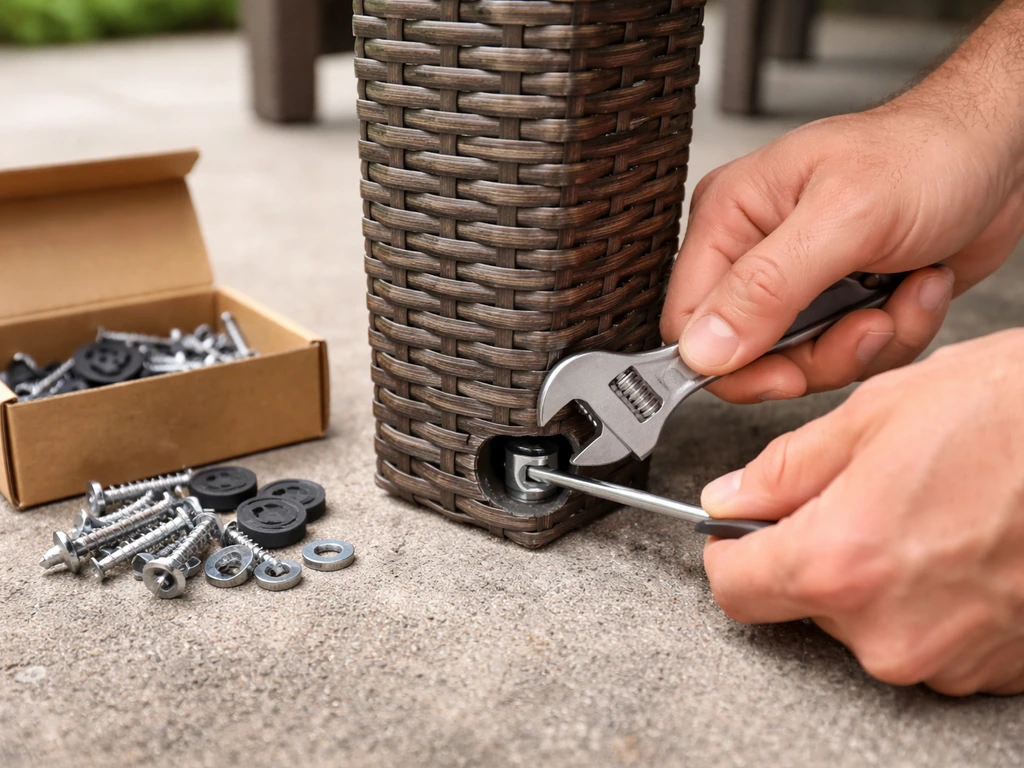 Hands tightening a patio chair leg bolt with an adjustable wrench; upgraded fasteners box nearby
