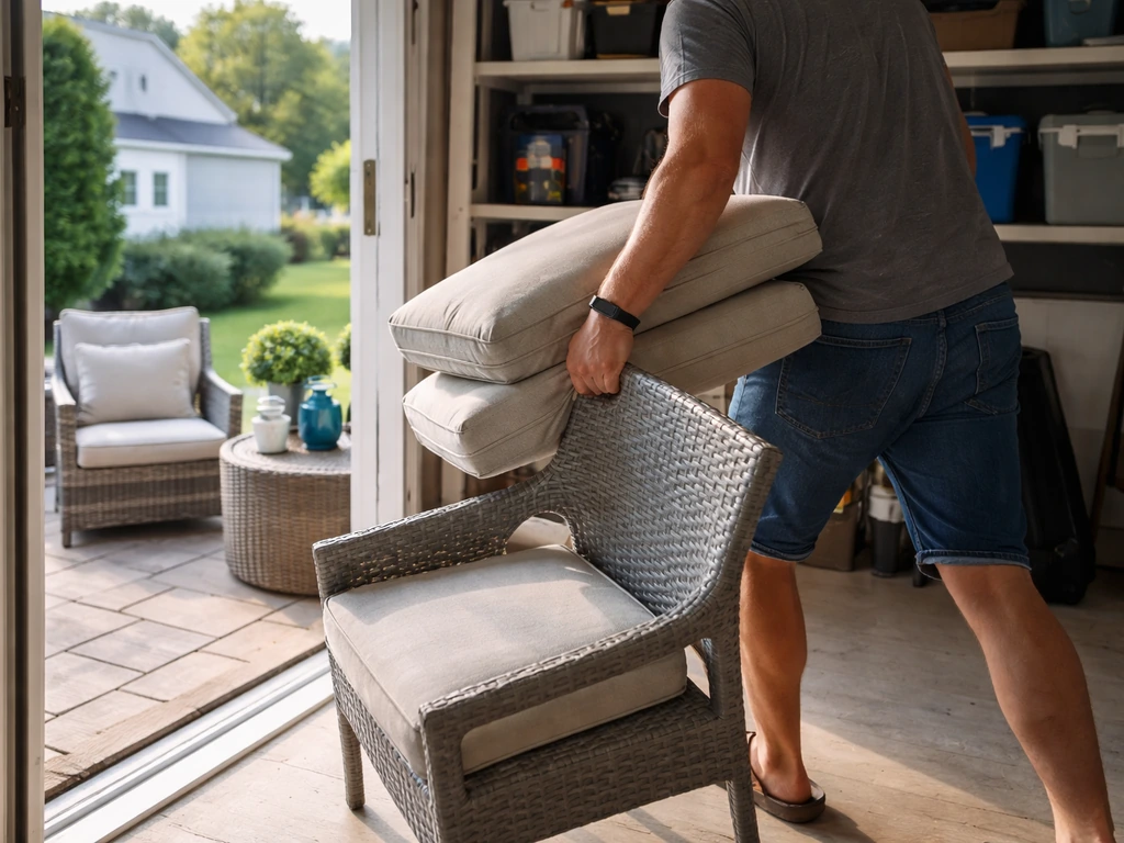 Homeowner dragging patio cushions and a small table indoors ahead of a hurricane