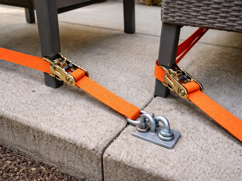 Close-up of properly tensioned polyester ratchet straps anchoring patio furniture to a sturdy anchor point.
