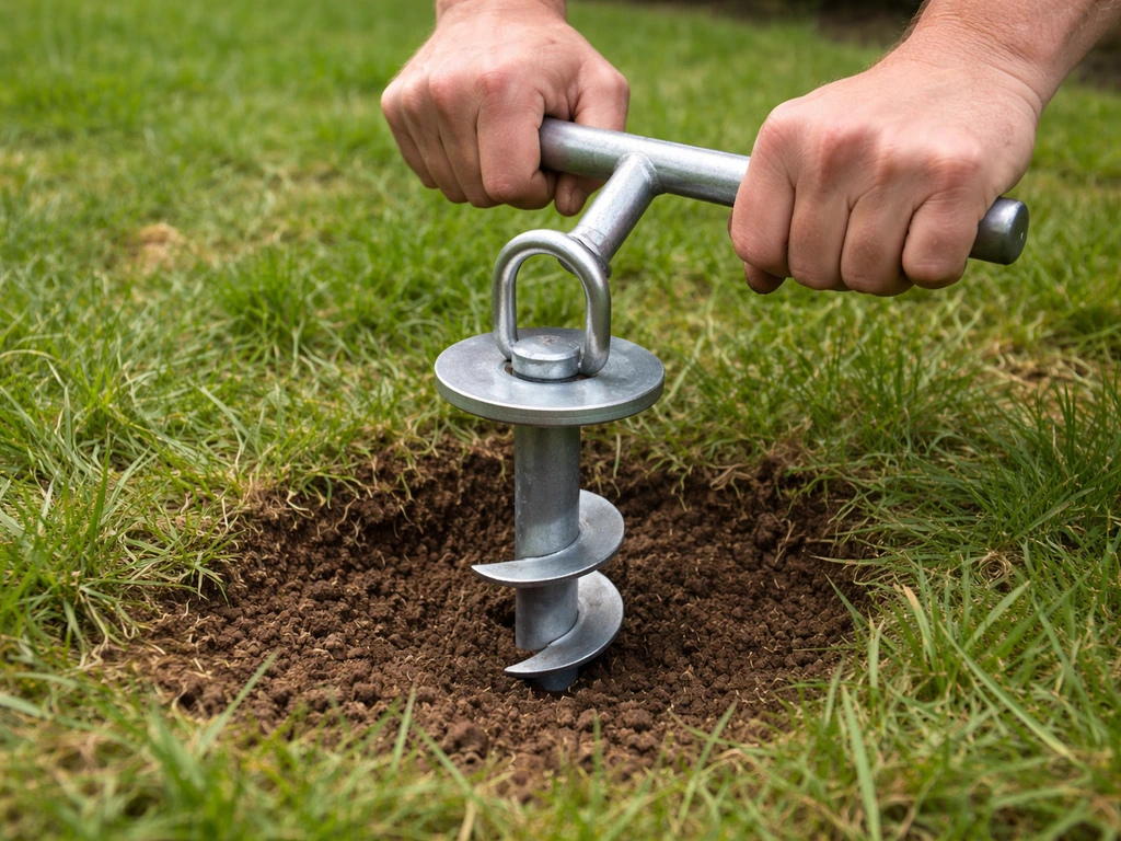 Close-up of an auger-style ground anchor in grass with the D-ring ready for tie-downs.