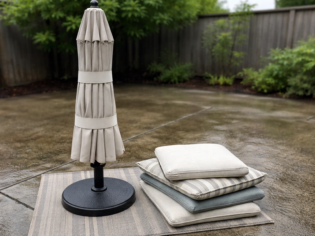 Closed patio umbrella tied down with straps, with chair cushions staged beside it for indoor storage.