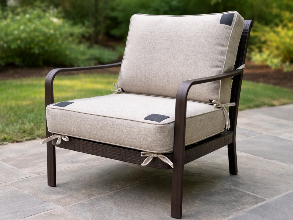 Patio chair with cushions secured using visible non-slip pads and straps, showing an anti-sliding DIY fix.