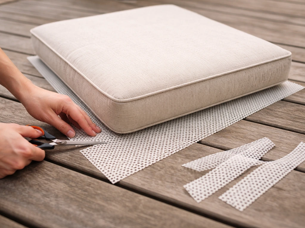 Hands cutting a rubber anti-slip liner to fit under a patio cushion seat.