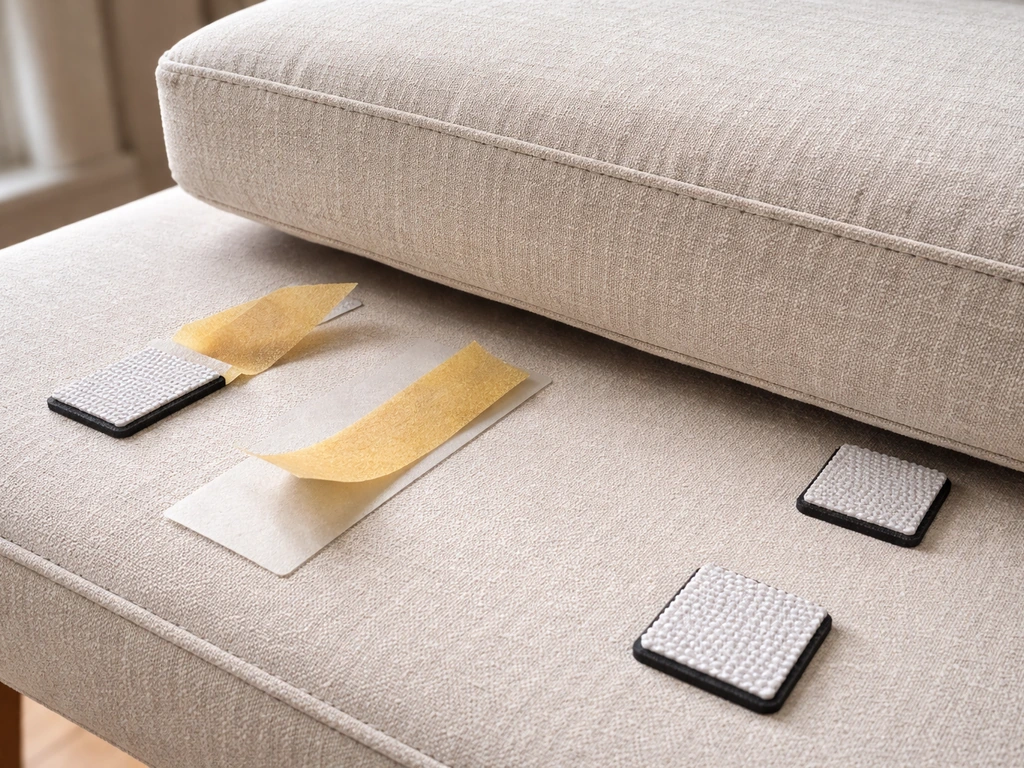 Close-up of double-sided carpet tape and gripper pads placed between cushion bottom and seat before pressing.