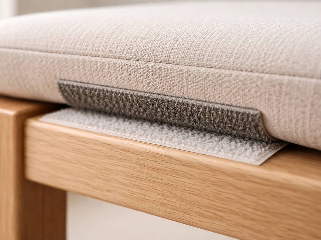 Close-up of hook-and-loop strips pressed on a cushion underside to match a frame spot