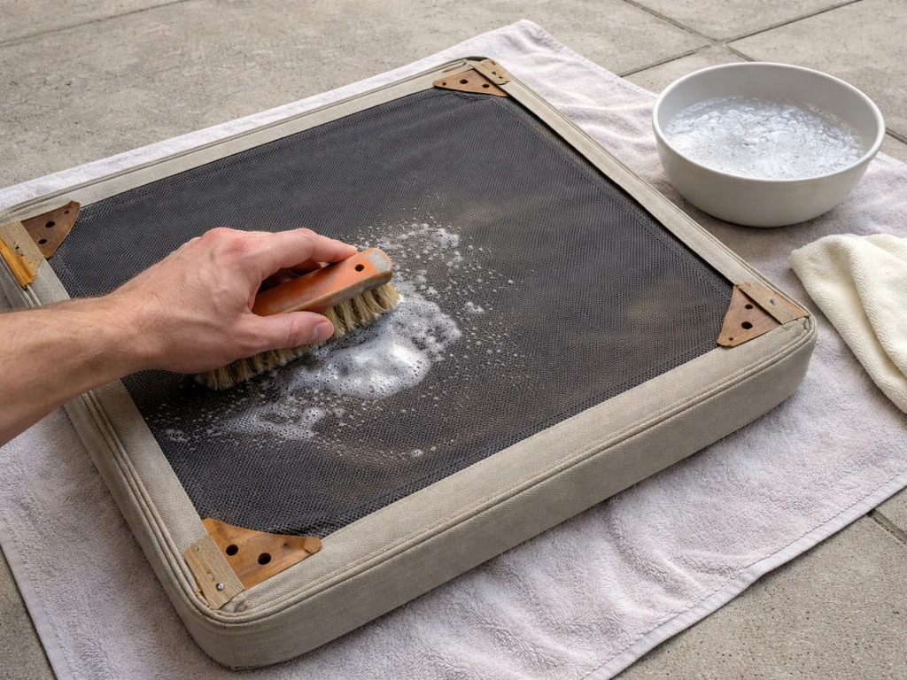 Hand scrubbing a patio chair cushion bottom with brush and soapy cleaner on a towel.