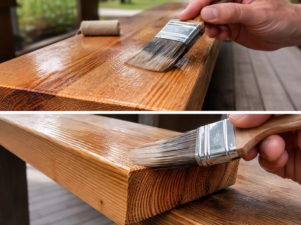 Closeup of a brush and roller applying clear exterior sealer to a wood board’s top, end grain, and underside.