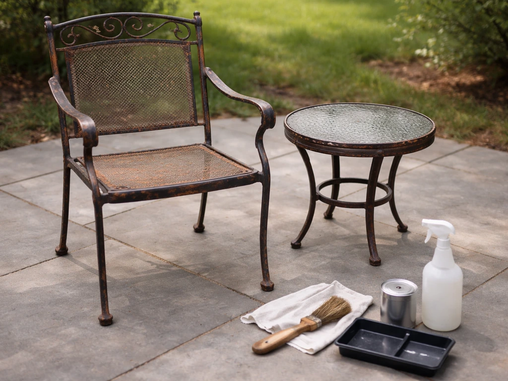Rusted wrought iron patio chair on a patio with cleaning and primer tools nearby, outdoors in daylight.