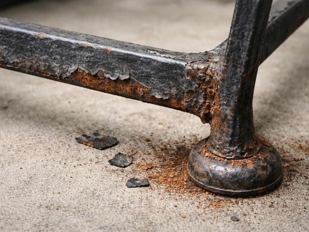 Close-up of wrought iron underside with visible rust, paint failure, and seam corrosion