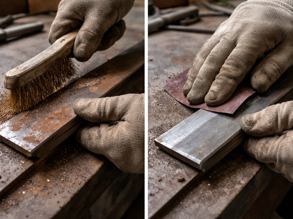 Gloved hands wire-brushing and sanding a rusty metal surface until smooth bare metal shows.
