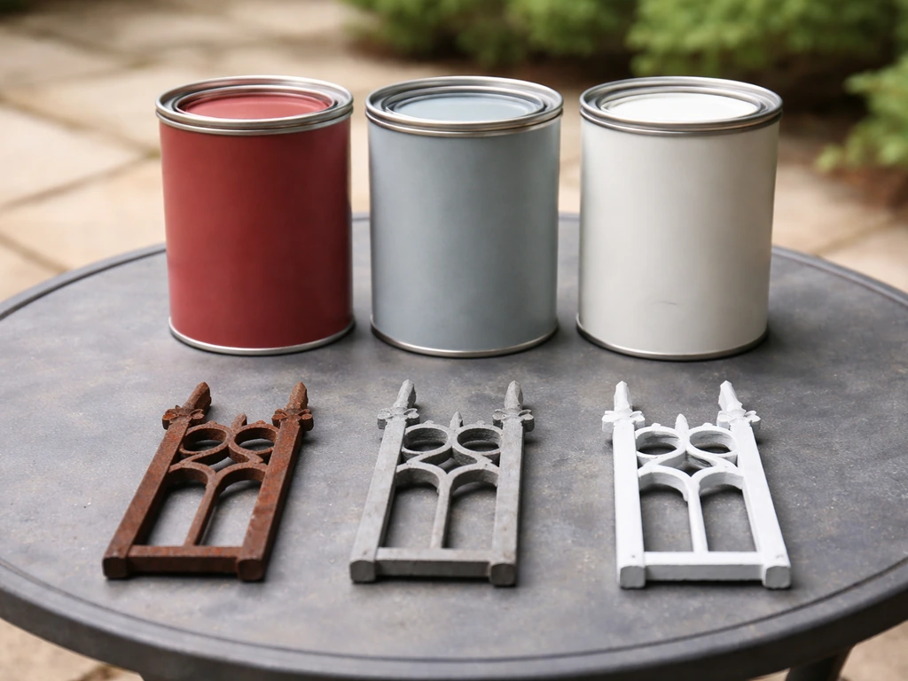Three alkyd primer cans and small wrought-iron sample swatches with different finishes on a patio table