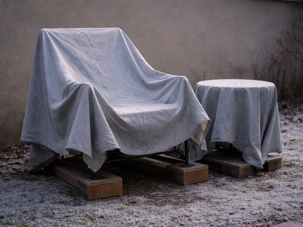 Wrought iron furniture on blocks under a breathable cover for winter storage, lightly frosted ground.