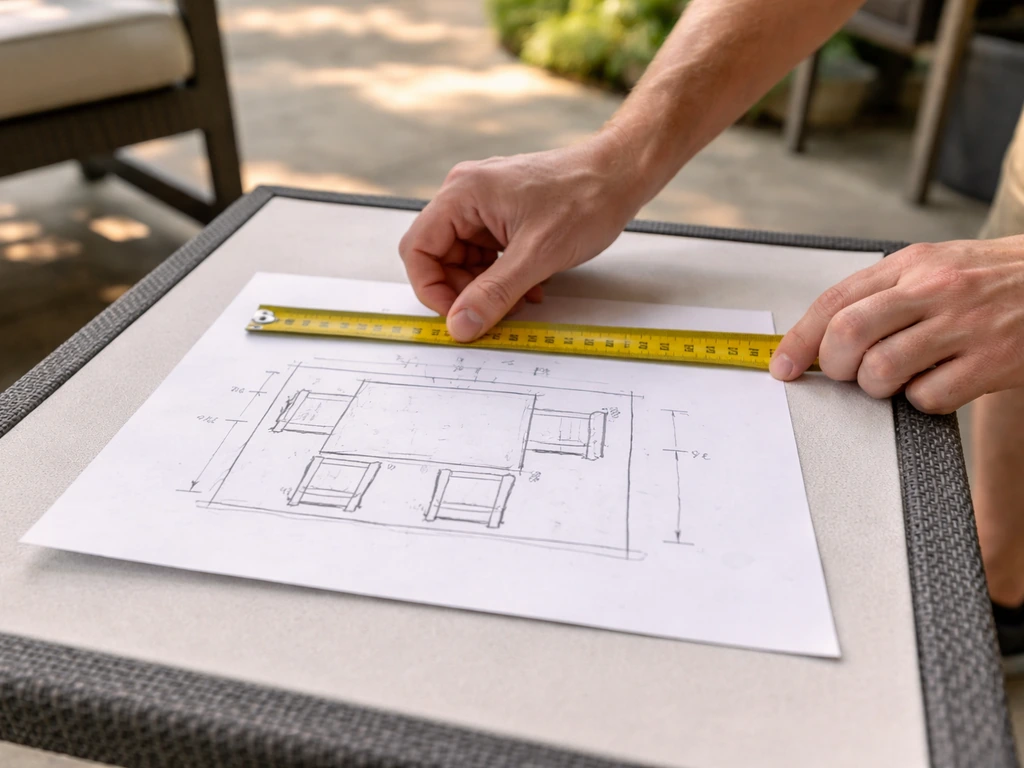 Measuring tape laid over a simple patio layout with rough furniture measurements in an outdoor setting.