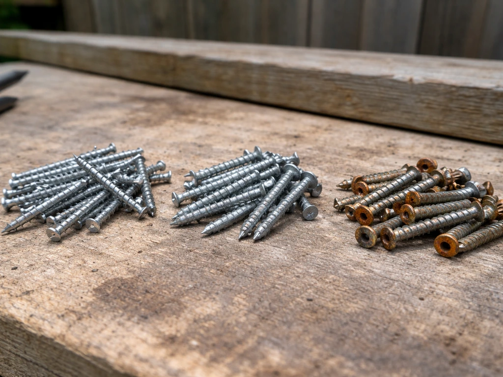 Close-up of galvanized and stainless screws beside rusted zinc-plated screws with visible corrosion.