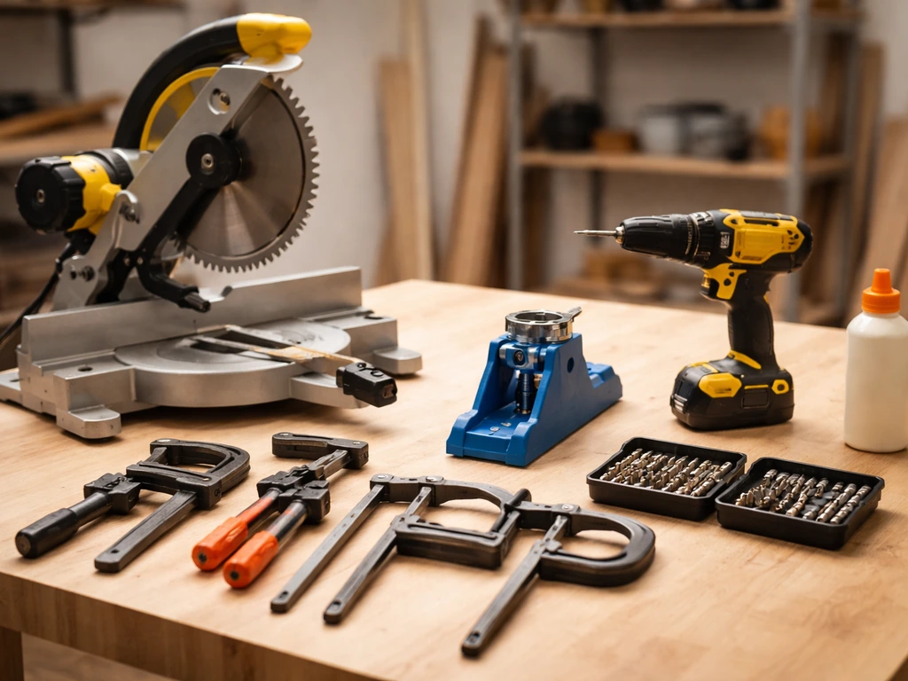 Miter saw, pocket-hole jig, clamps, drill, and exterior wood glue laid out on a workbench.