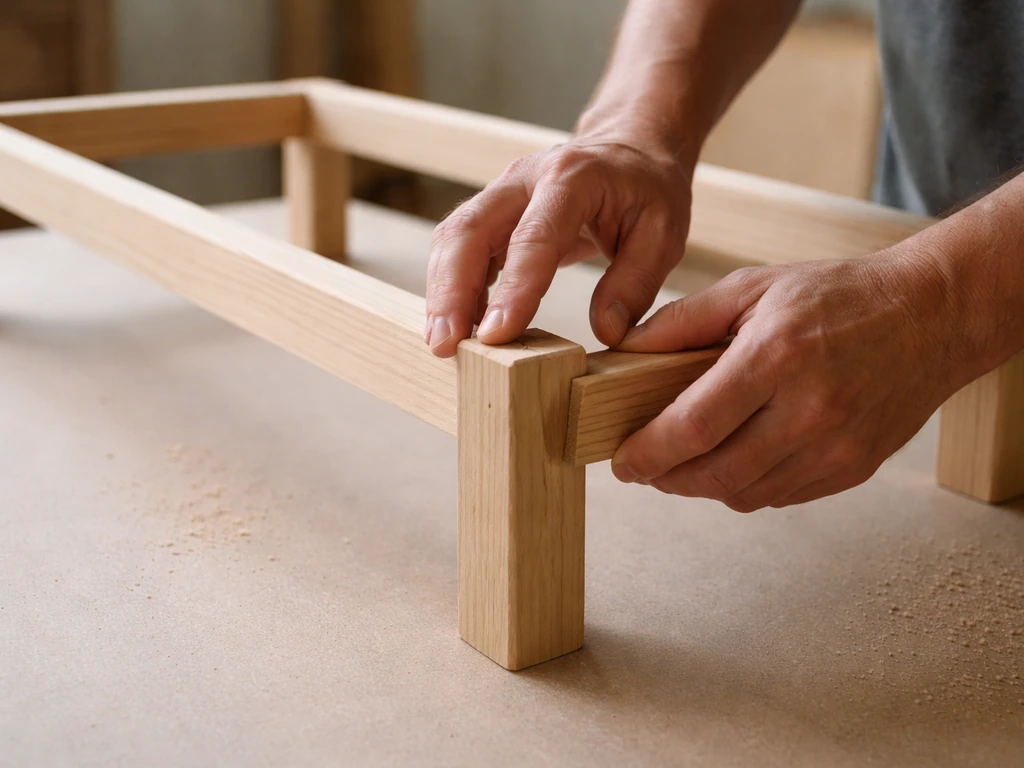 Anonymous hands dry-fitting wooden chair frame parts on a flat workbench before screws.